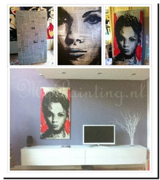 portret-schilderij-op-krant-rood-zwart