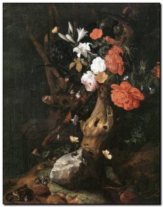 Schilderij Ruysch, Flowers on Tree Trunk