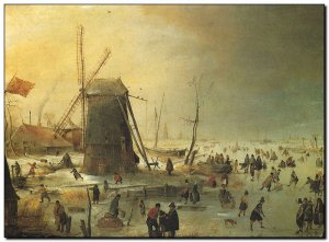Schilderij  Avercamp, Winter Scene, Skaters, Mill