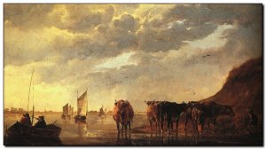 Schilderij Cuyp, Herdsman with Cows by River 1650