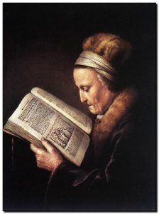 Schilderij Dou, Old Woman Reading Lectionary (Remb