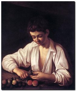 Schilderij Caravaggio, Boy Peeling Fruit c1593