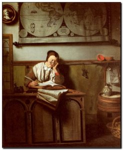 Schilderij Maes, Old Woman Studying 1656