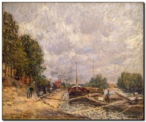 Schilderij Sisley, Barges at Billancourt 1877