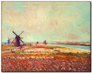 Schilderij Monet, Bulbfield & Windmill Near Leyden