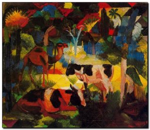 Painting Macke, Landscape With Cows & Camel 1914