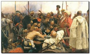 Painting Repin, Zaporozhye Cossacks Writing Letter to Turkish Sultan 1880-91
