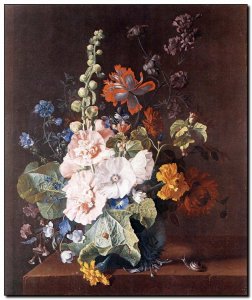Schilderij Ruysch, Hollyhocks &c in Vase