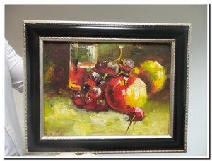 schilderij abstract tros druiven en fruit