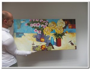60x120cm 3D schilderij 000010 schilderij 3D mediterrane sfeer bloemen en druiven op tafel