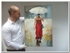 60x90cm schilderij 000011 schilderij palet Flora vrouw met paraplu in rode jurk