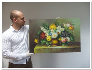 schilderij stilleven boeket bloemen met veel groen en geel tinten