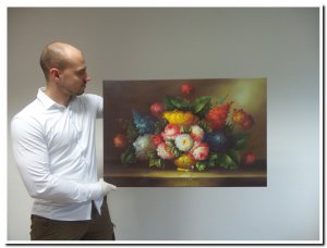 60x90cm schilderij 00006 schilderij stilleven bloemen in vaas blauw, okergeel en roodroze tinten