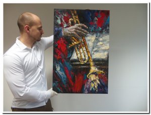 60x90cm schilderij 00007 schilderij palet de trompetist