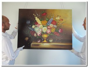 90x120cm schilderij 00003 schilderij bloemen gemengd in gouden vaas